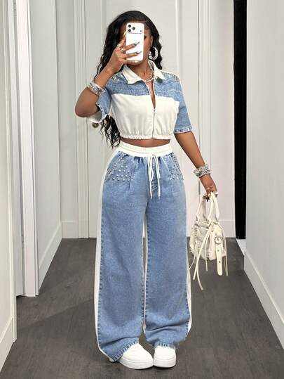 Slaydiva Jeans casuales de uso diario para mujer con detalle de remaches y contraste de color en la cintura con cordón