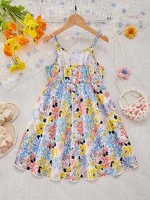 SHEIN Váy hai dây in hoa cho bé gái - Màu vàng - Xem 2