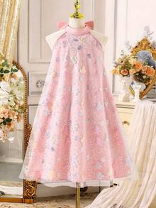 Girls' Elegant Bowknot Colorful Beaded Mesh Sleeveless Party Dress,Pink Summer Flower Girl Dress For Party,Gathering,Outing,Traditional Arabic Style - Multicolor - View 9