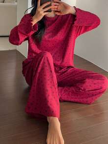DAZY Bộ đồ ngủ dài tay rộng rãi, thoải mái, họa tiết hoa nhí dành cho nữ, gồm 2 món, thích hợp cho mùa Thu/Đông. - Màu Đỏ Sâu - Xem 6