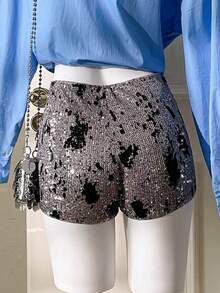 SHEIN Unity Women's Silver Sequin Summer Shorts,Seductive Night Out Gray & Black Velvet Elastic Waist Shiny Chic Elegant Party Urban Commute Workplace Office - Dark Grey - View 7