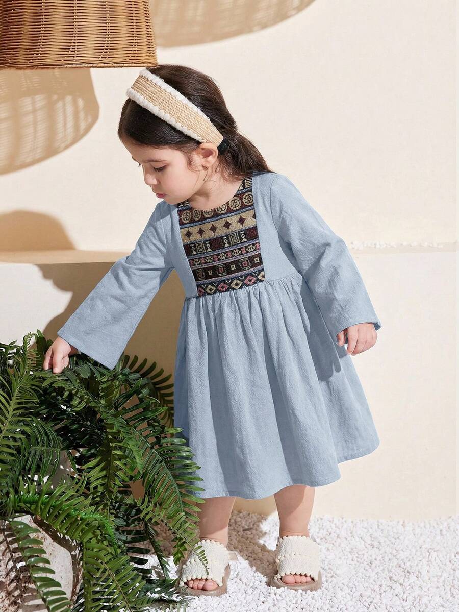 女婴可爱碎花流苏长袖连衣裙，春夏款 - 藍色 - 查看 1