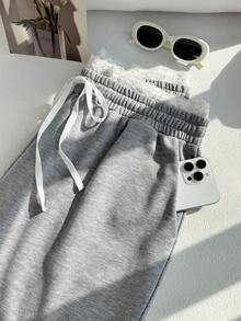 Comfortcana 大码女式撞色蕾丝休闲短裤，浅灰色，夏季 - 灰色 - 查看 7