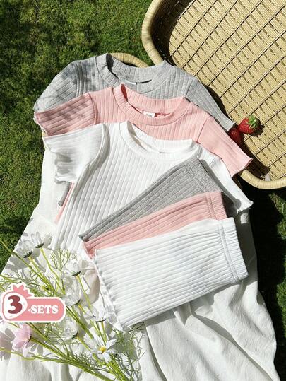 SHEIN Vintaside Kids 6件套女婴休闲纯色针织短袖上衣和松紧腰短裤