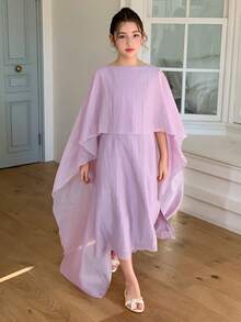 Dazy Kids Tween Girl Solid Color Round Neck Ruffle Hem Elegant Dress - Purple - View 4