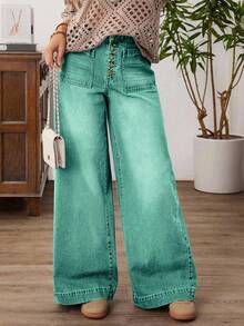 EMERY ROSE Plus Size Women Loose Casual Denim Wide Leg Jeans With Button Front Pockets - Green - View 1