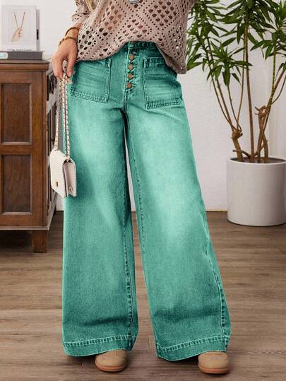 EMERY ROSE Damen Große Größen Lose Lässige Denim Weite Bein Jeans Mit Knopf Vordertaschen