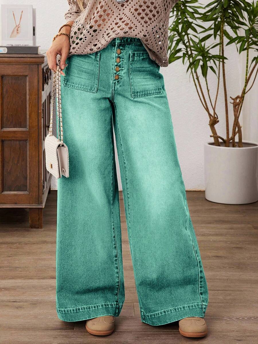 EMERY ROSE Plus Size Women Loose Casual Denim Wide Leg Jeans With Button Front Pockets - Green - View 1