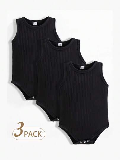 SHEIN Playful Pals 3pcs Baby Boy Casual Solid Color Round Neck Vest & Pants Set, Summer