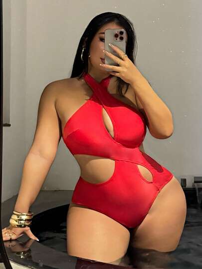 Swim SXY New Sexy & Elegant Red One-Piece Swimsuit, Fashionable Plus Size For Summer Beach Vacation