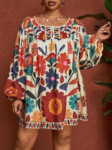 SHEIN CURVE+ 加大码/情人节/大码女式长袖圆领系带热带风情图案衬衫 - 彩色 - 查看 4