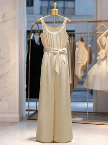 Franclia Satin Pearl Collar Tie Waist Elegant Wide Leg Jumpsuit/Sleeveless Romper - Apricot - View 3