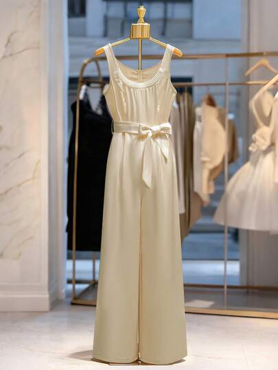 Franclia Satin Pearl Collar Tie Waist Elegant Wide Leg Jumpsuit/Sleeveless Romper