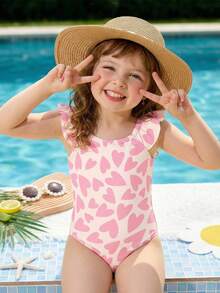SHEIN Cream Ruffle & Glitter Pink, Cute Heart Toast Texture Print, Baby Girls Casual Minimalist Fitted One-Piece Swimsuit, Suitable For Summer - Multicolor - View 4