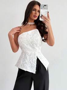 Firerie Women's Elegant & Refined Romantic Atmosphere Valentine's Day Date Party Wedding Guest Asymmetrical Hem Rose Texture Fabric Fitted X-Shape White Bandeau Top - White - View 6