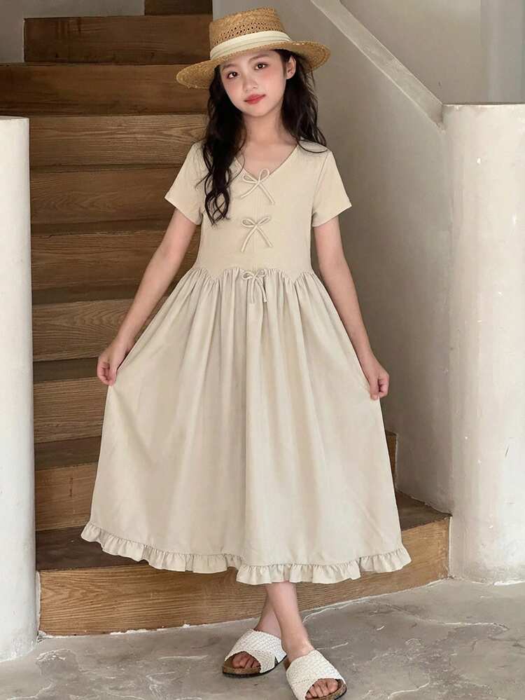 Tween Girls' Casual Vacation Style Solid Color V-Neck Bow Decor Waist Cinched Dress, Summer