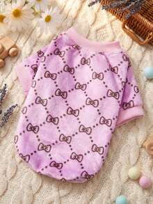 PETSIN 1件印花蝴蝶结法兰绒卫衣，宠物秋冬加厚保暖粉色款 - 粉色 - 查看 2