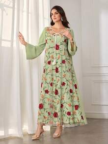 Al Najma Women's Elegant Colorful Embroidered Arabic Style Maxi Tie-Waist Dress - Green - View 5