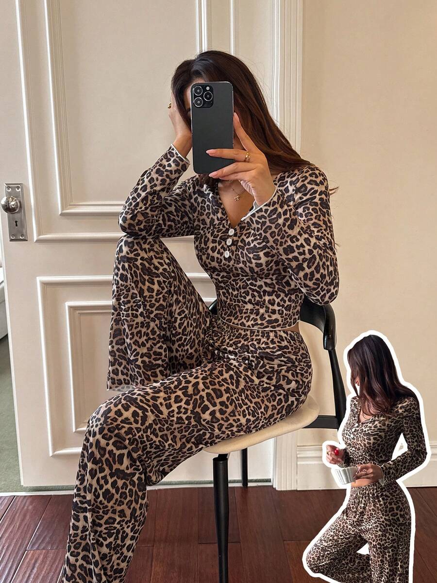 Dream Adore Women's Casual Leopard Print V-Neck Fitted Long Sleeve Pajama Set - Multicolor - View 1