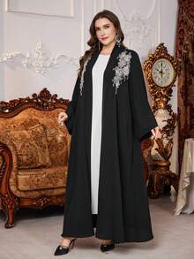 Al Najma Plus Size Women Loose Rhinestone Embellished Simple Arabic Abaya Robe - Black - View 5