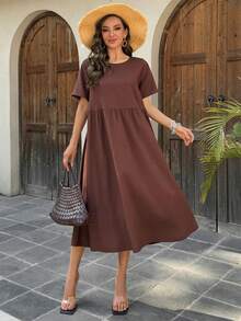 Livesso Lång klänning med rund hals och lös passform för kvinnor - Brun - Visa 6