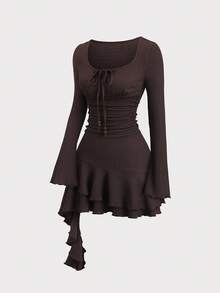 Sweetra Y2K Sexy Pleated Beaded Textured Fabric Versatile Asymmetric Hem Dress - Coffee Brown - View 1