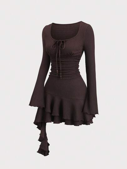 Sweetra Y2K Sexy Pleated Beaded Textured Fabric Versatile Asymmetric Hem Dress