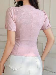 DAZY Áo thun nữ dáng ôm, màu trơn, chất liệu jacquard, thanh lịch, thích hợp cho mùa hè. - Hồng - Xem 3