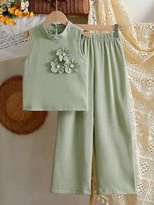 Vintaside Kids 2pcs Girls Sleeveless Floral Bright Yellow Top Paired With Casual Loose Pants Fashion Spring/Summer Set - Green - View 3