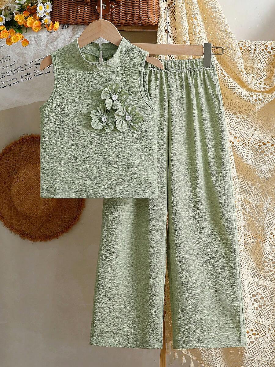 Vintaside Kids 两件套女童无袖碎花亮黄色上衣搭配休闲宽松裤，时尚春夏套装 - 綠色 - 查看 1