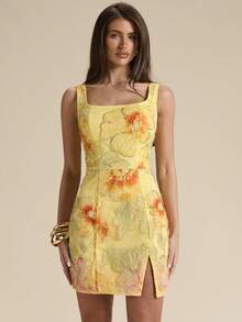 SHEIN BAE Rhinestone & Sequin Embellished Backless Mini Dress, Floral Design, Suitable For Beach, Resort, Elegant, Sweet, Brunch, Summer - Yellow - View 6