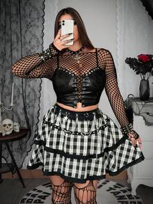 Whyspr Plus Size Black & White Plaid Ruffle Patchwork Studded A-Line Mini Skirt - Multicolor - View 1