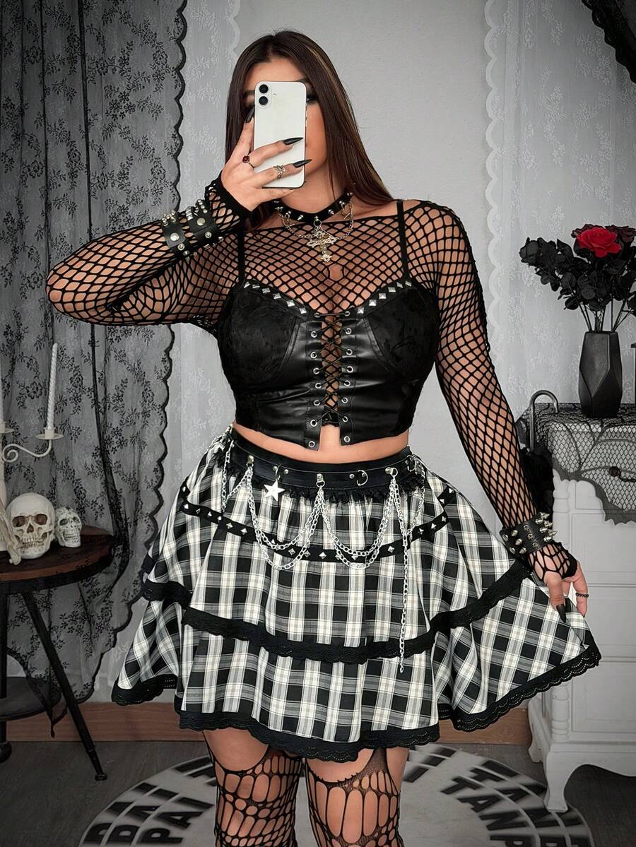 Whyspr Plus Size Black & White Plaid Ruffle Patchwork Studded A-Line Mini Skirt - Multicolor - View 1