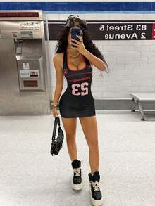 StreetHx 女士数字印花露背性感街头风连衣裙 - 黑色 - 查看 4