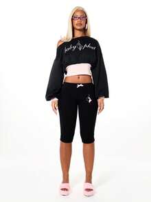 BABYPHAT 露肩宽松套头卫衣，饰有猫咪图案和粉色撞色下摆，情人节休闲长袖上衣 - 黑色 - 查看 3