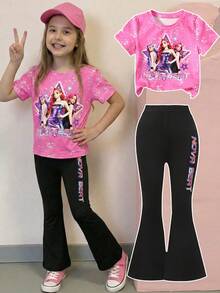SHEIN 2pcs/Set Girls' Casual KPOP Graphic Print Short Sleeve T-Shirt And Pants Set, Summer - Pink - View 3