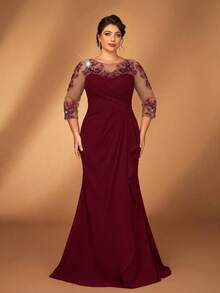 Serin Robe élégante pour femmes grandes tailles en tissu mousseline gris-rose. Col rond, manches longues transparentes, volants, appliques de sequins. Ourlet sirène. Convient pour mère de la mariée/marié, événements formels, soirées - Rouge foncé - Voir 7