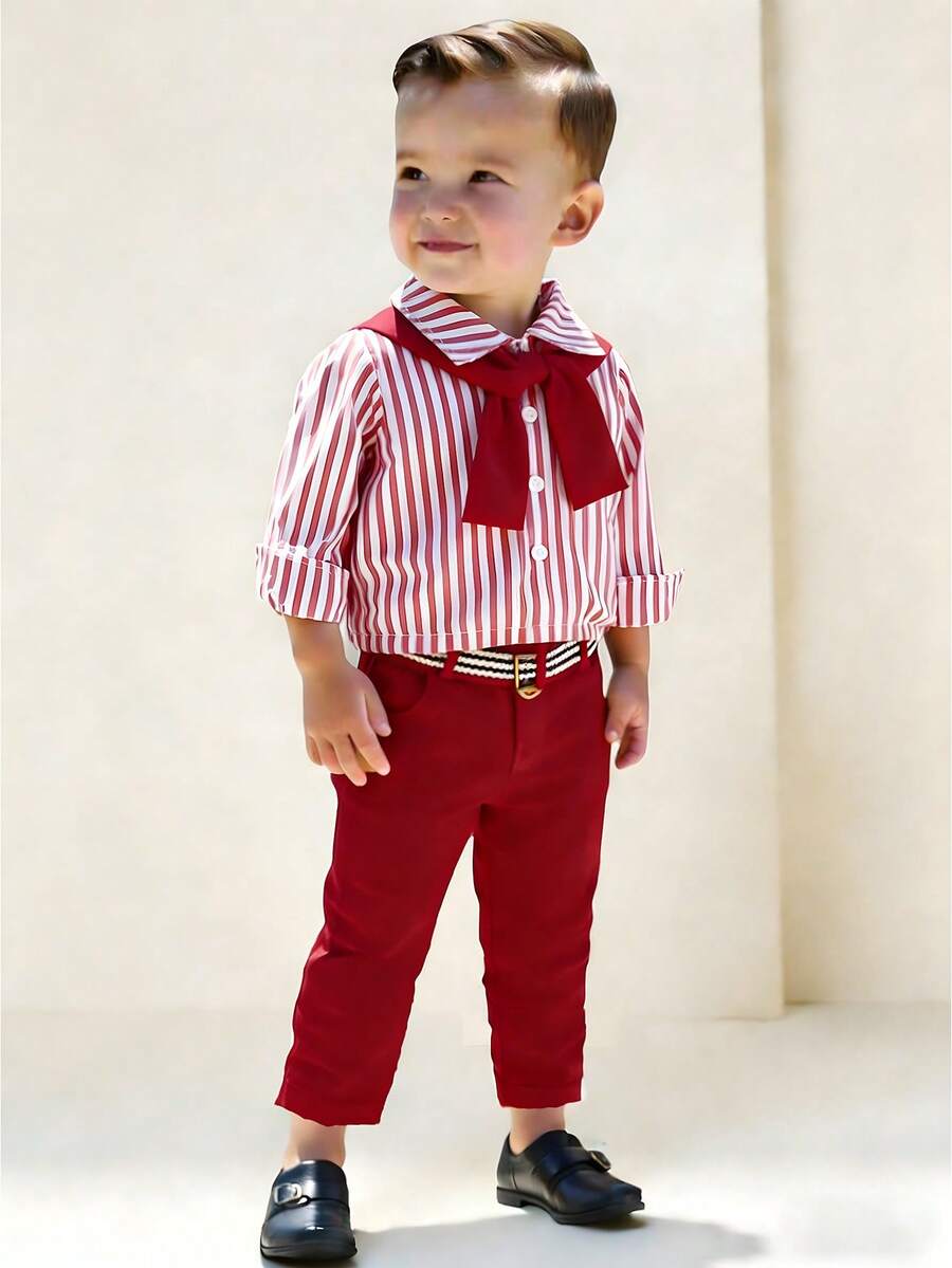 Souflis Souflis 男婴两件套：长袖纽扣条纹时尚衬衫 + 西装裤 - 紅色 - 查看 1