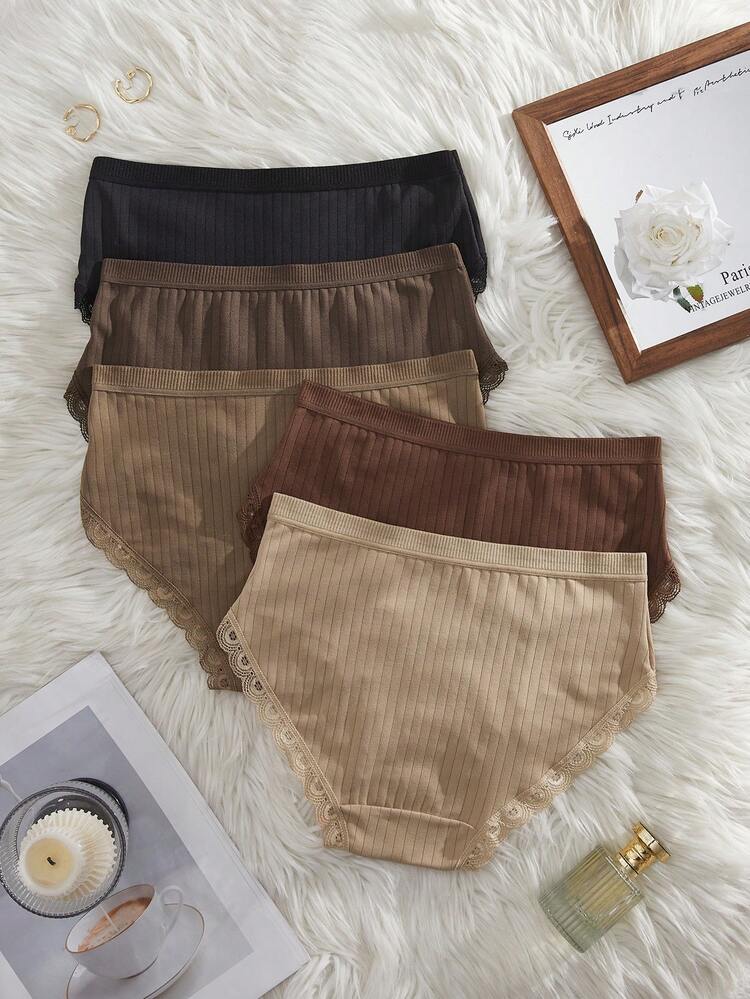 NudeFit 5pcs Women's Solid Color Ribbed Knit Bow Decor Contrast Lace Comfortable Bikini Panties - Multicolor - View 2
