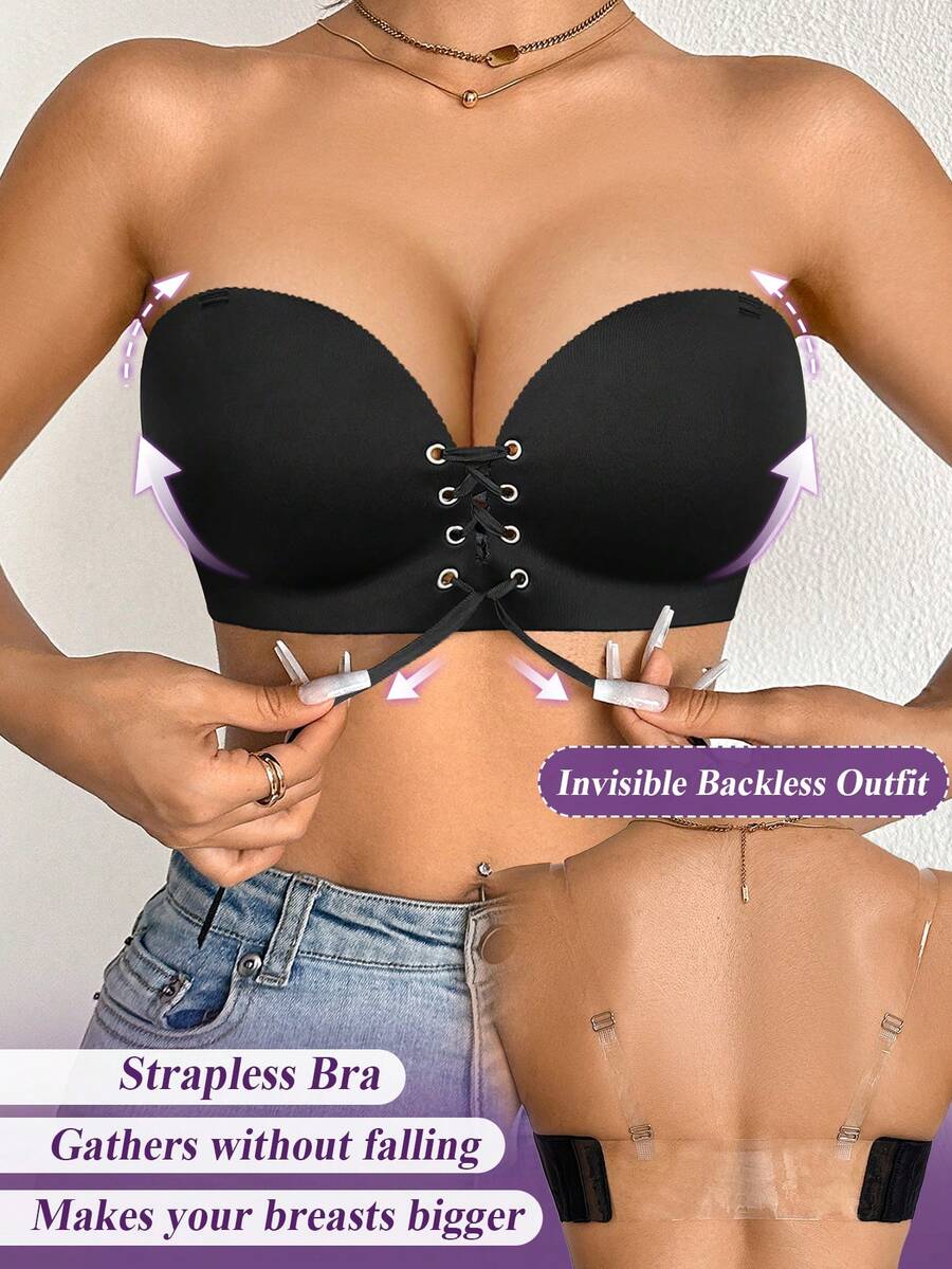 DesireSculpt 女士无钢圈轻薄衬垫文胸，隐形后背，百搭款式，黑色 - 黑色 - 查看 1