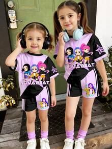 返校季卡通女孩撞色紫色和黑色少女休闲简约短袖T恤和短裤两件套，适合夏季、休闲校园运动风、户外野餐、郊游、街头拍照 - 彩色 - 查看 3