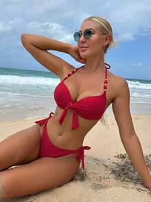 Swim Vcay Bộ bikini hai mảnh có gọng nâng ngực, kiểu cổ yếm, dành cho nữ, thích hợp cho kỳ nghỉ hè. Họa tiết ngẫu nhiên. - Đỏ - Xem 1