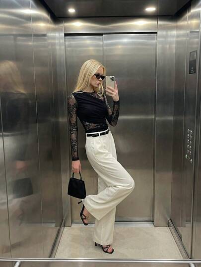 Maija Women's Fashionable Sexy Lace Patchwork Blouse Black Lace Top Black See Through Top Lace Tops For Women Lace Long Sleeve Top Valentine's Day Elegant Women's Blouses Spring To Summer