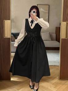 Vibekara Plus Size Women's Collared Half-Placket Shirt Collar 2 In 1 Contrast Color Button Bow Elegant Retro Collegiate Outdoor Casual Mid-Length A-Line Dress, Spring/Summer - Black - View 1