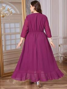 Ellevyn 大码女式优雅水晶装饰收腰连衣裙，秋冬款 - 中紫紅色 - 查看 3