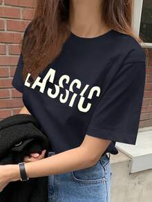 DAZY 女士宽松圆领字母印花 T 恤，白色，春夏 - 藏蓝色 - 查看 6