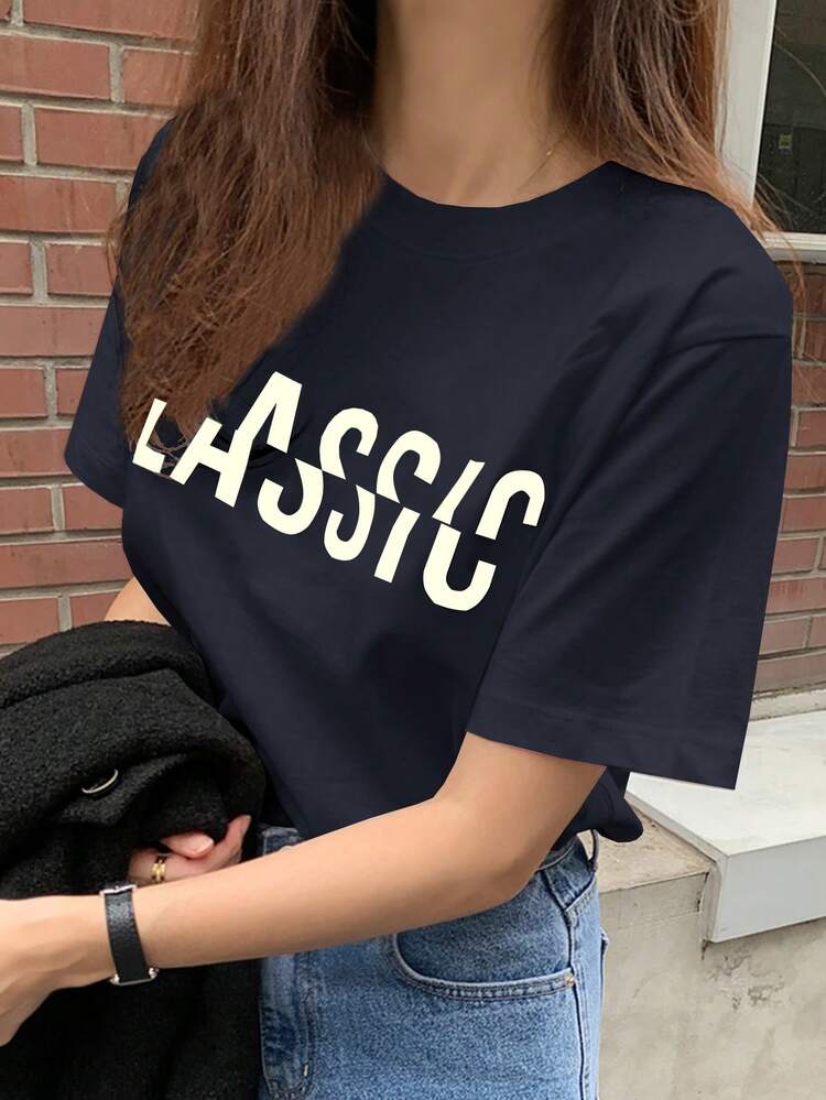 Women's Loose Fit Round Neck Letter Print T-Shirt, White, Spring/Summer