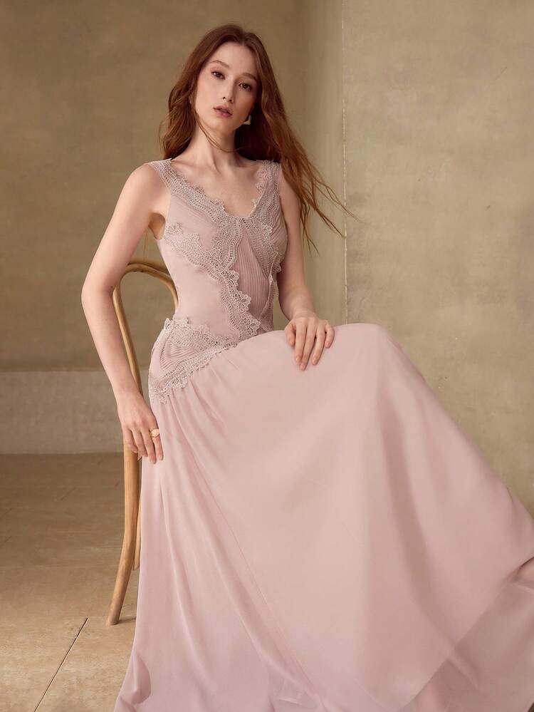 WOMEN'S ROMANTIC PLEATED CONTRAST LACE A-LINE LONG DRESS, SPRING/SUMMER