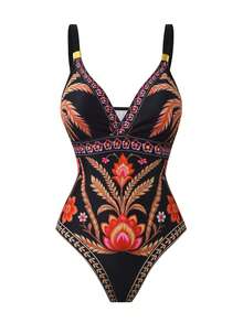 Swim Oasis 女士波西米亚风度假印花连体泳衣，金属装饰，高端品质，时尚休闲度假性感优雅 - 彩色 - 查看 4