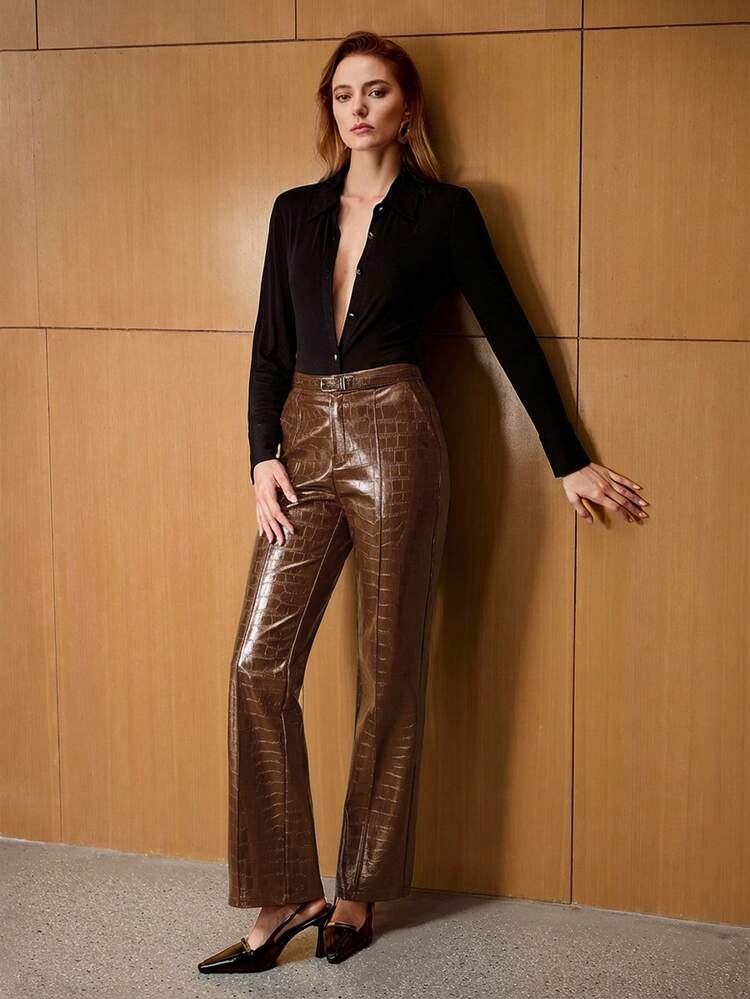 WOMEN'S FASHION STREET CROCODILE EMBOSSED PU LEATHER HIGH WAIST STRAIGHT LEG PANTS